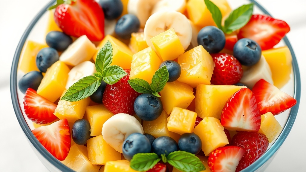 Refreshing Tropical Fruit Salad Recipe A colorful tropical fruit salad with pineapple, mango, strawberries, blueberries, and banana in a glass bowl, topped with mint leaves.